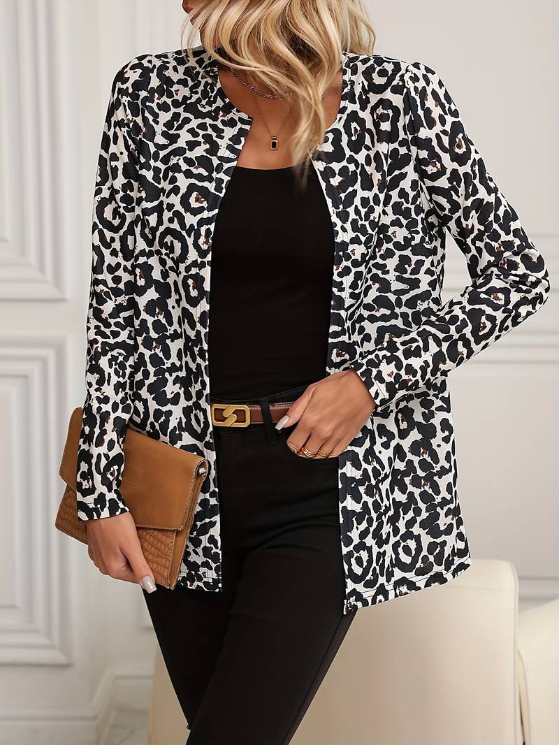 Damen langer Blazer mit Leopardenmuster und langen Ärmeln