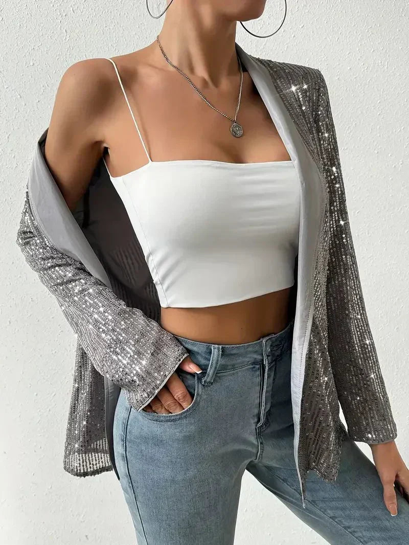 Glamouröser grauer Paillettenblazer für Damen