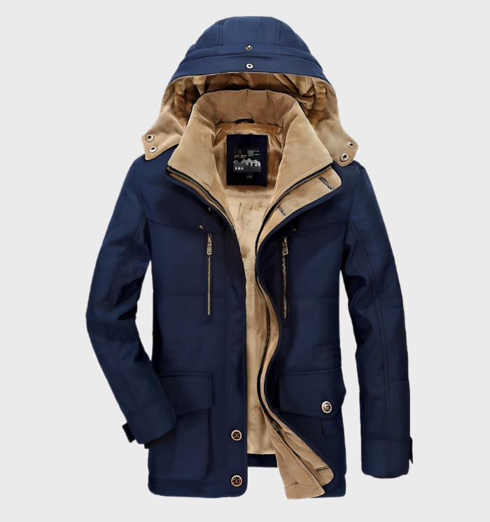 Dicke Winterjacke mit Kapuze und tiefen Taschen für Herren