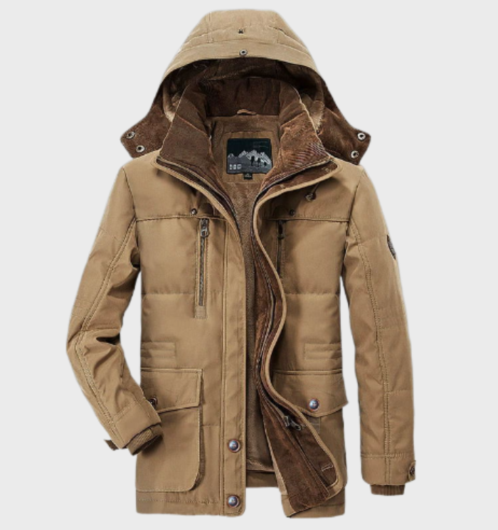 Dicke Winterjacke mit Kapuze und tiefen Taschen für Herren