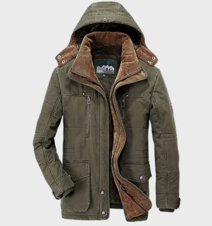 Dicke Winterjacke mit Kapuze und tiefen Taschen für Herren